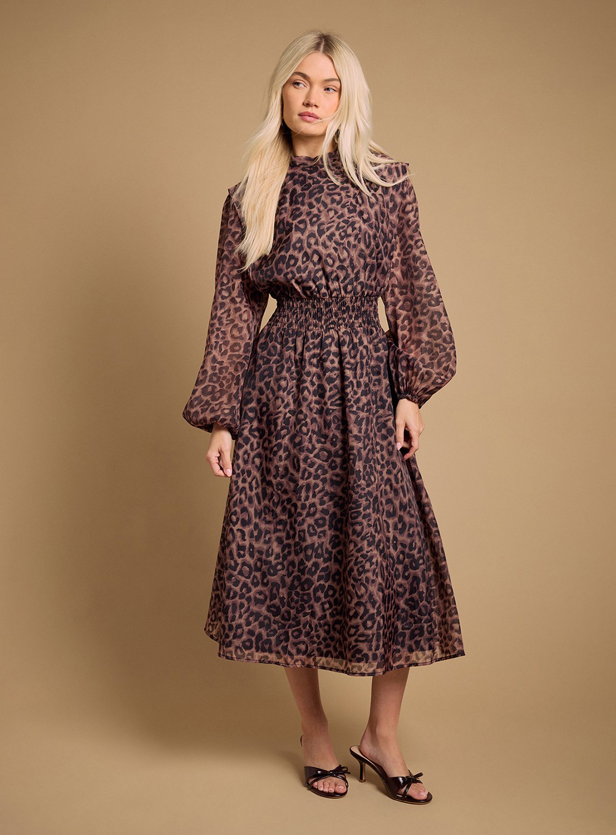 OASIS Leopard Organza Shirred Waist Midi Dress 8 - Image 1 thumbnail